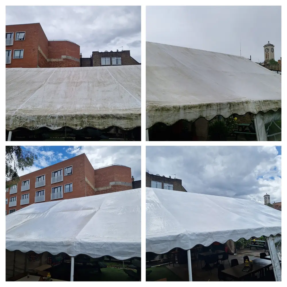 Marquee at The Windmill pub, Acton, before and after cleaning