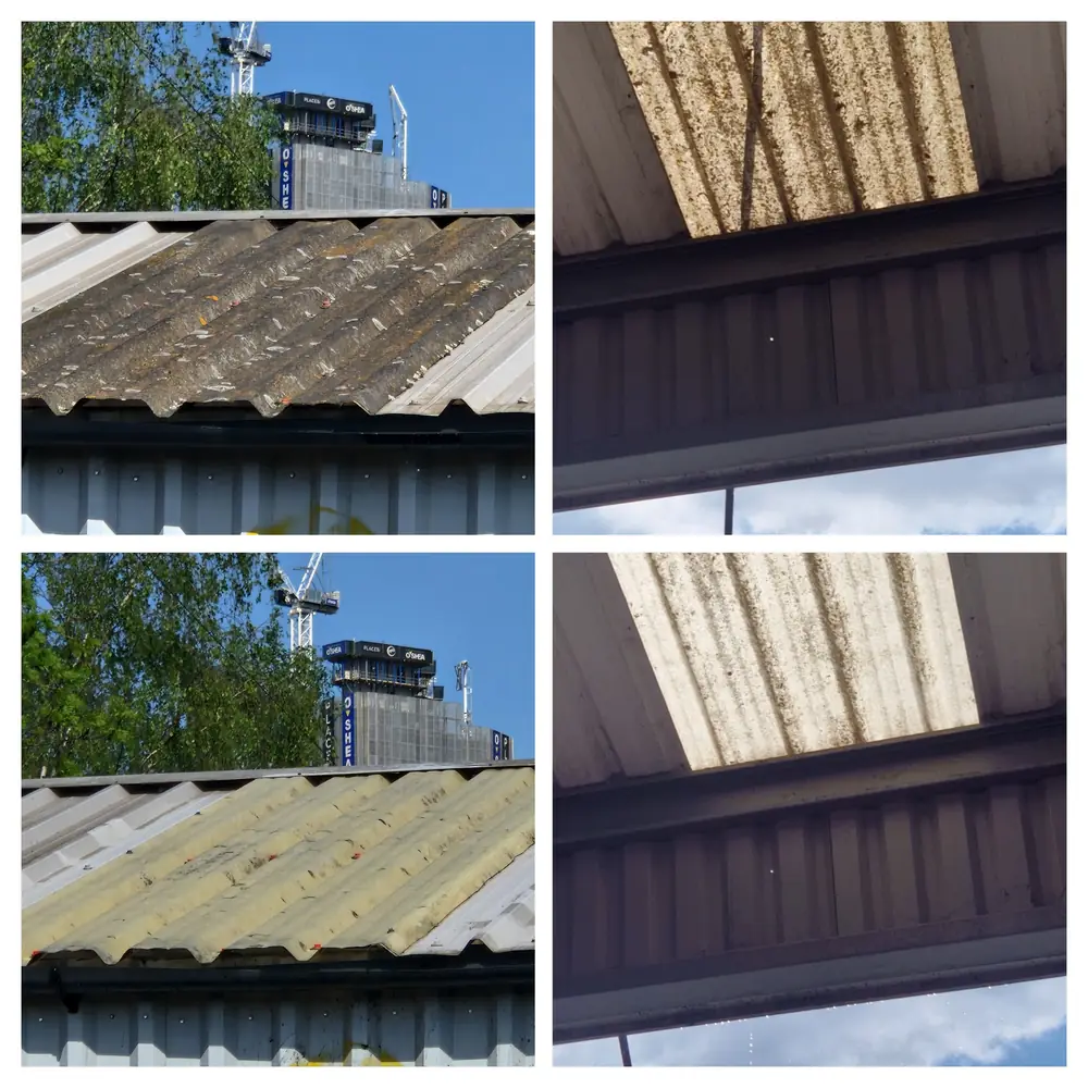 Commercial roof and skylight cleaning before and after in Acton