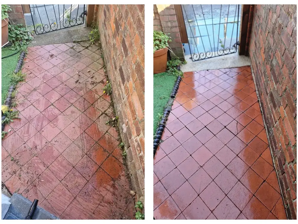 Pressure washing quarry tiled path in Brentford, West London – after cleaning by URBNX