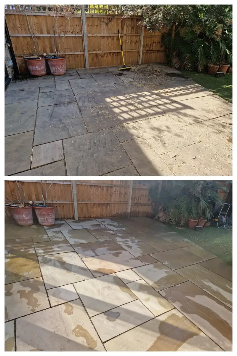 Pressure washing sandstone patio in Chiswick, West London – after cleaning by URBNX
