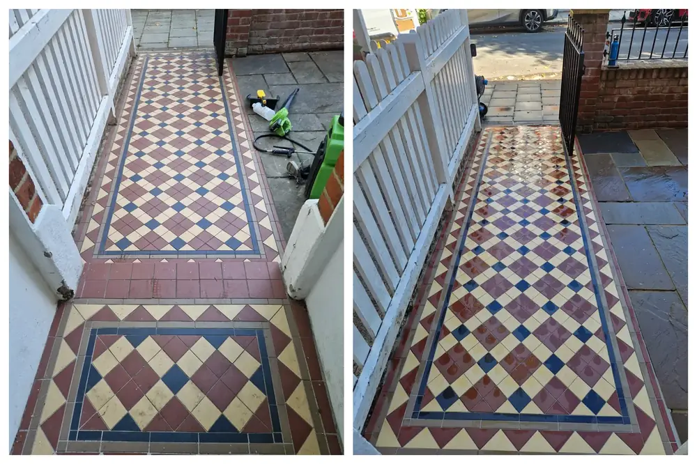 Tile cleaning victorian tiled path in Chiswick, West London – after cleaning by URBNX