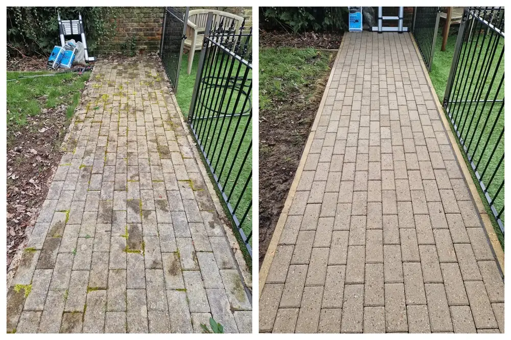 Pressure washing block paving path in Ealing, West London – after cleaning by URBNX