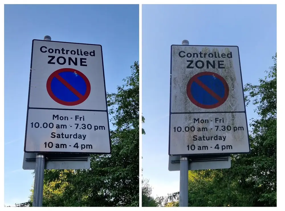 Soft washing controlled zone sign in Ealing, West London – before and after by URBNX