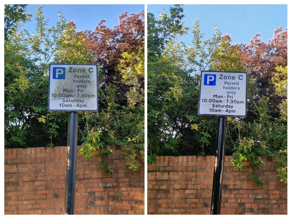 Soft washing parking sign in Ealing, West London – after cleaning by URBNX