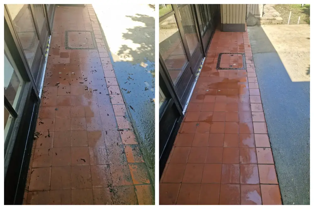 Pressure washing quarry tiled path in Ealing, West London – after cleaning by URBNX