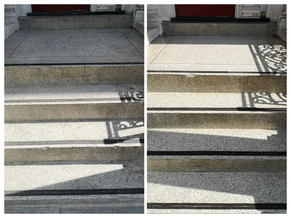 Terrazzo entrance steps in Earls Court before and after cleaning