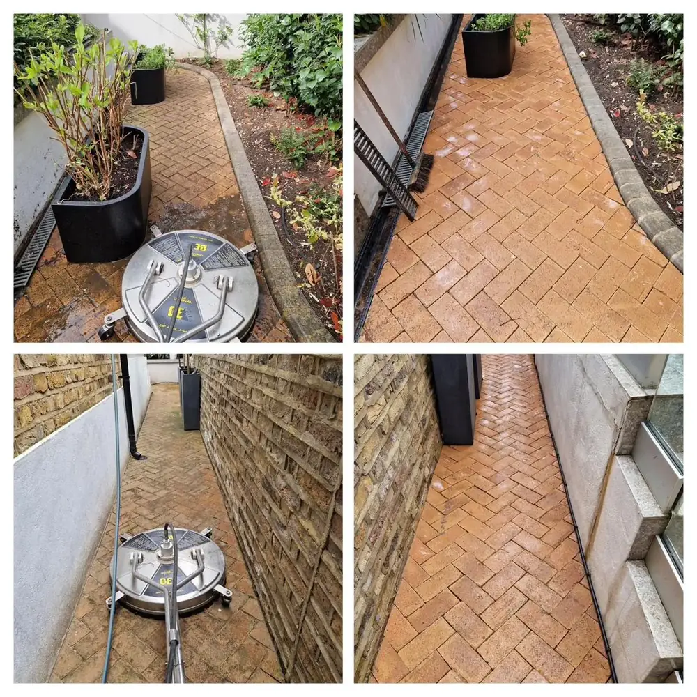 Pressure washing brick garden path in Hammersmith, West London – after cleaning by URBNX