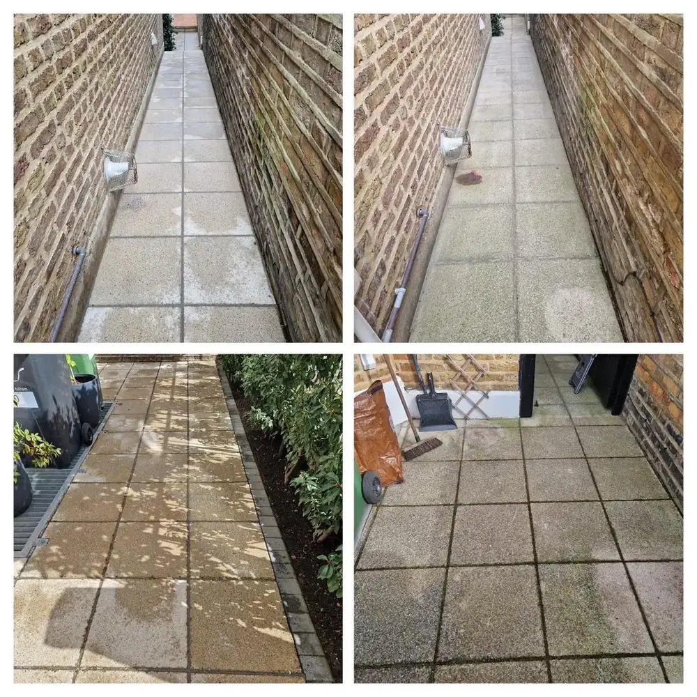 Pressure washing paving slabs in Hammersmith, West London – after cleaning by URBNX