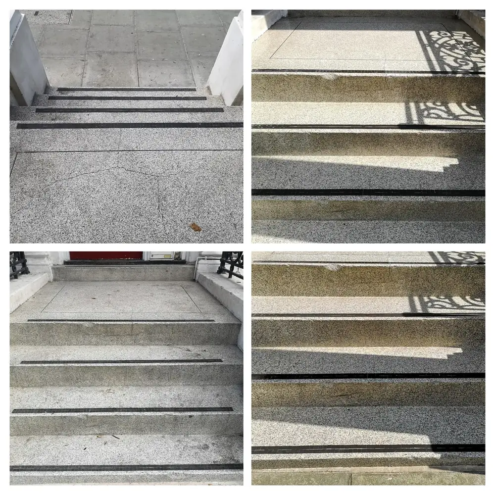 Pressure washing terrazzo steps in Kensington, West London – after cleaning by URBNX