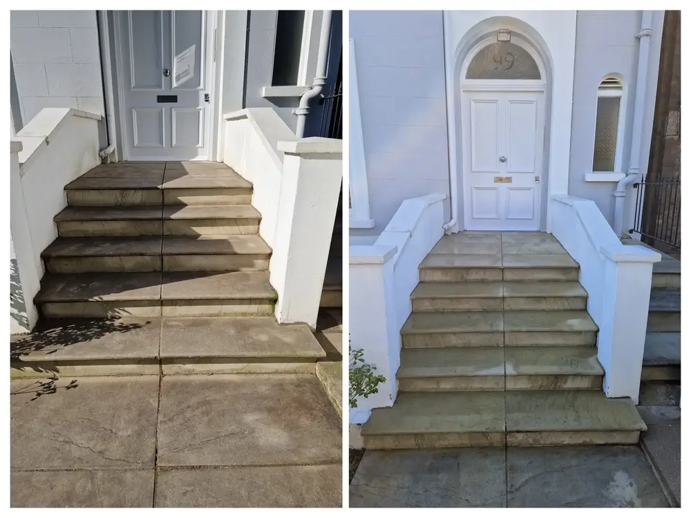 Pressure washing front steps in Notting Hill, West London – after cleaning by URBNX