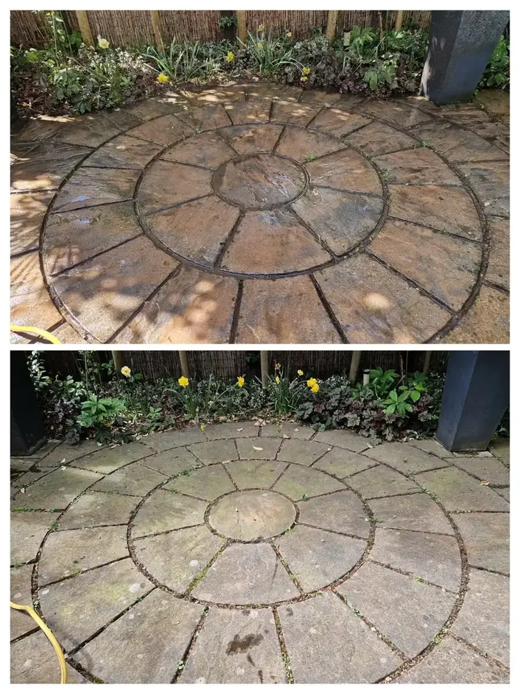 Pressure washing circular patio in Notting Hill, West London – after cleaning by URBNX