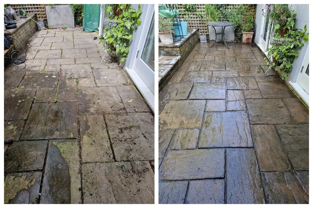 Pressure washing sandstone patio in Notting Hill, West London – before and after by URBNX