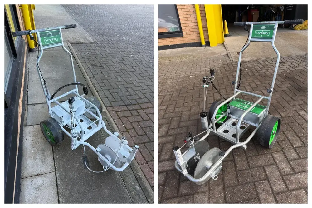 Pitchmark Hybrid line-marking machine before and after Bio-Circle cleaning, top view