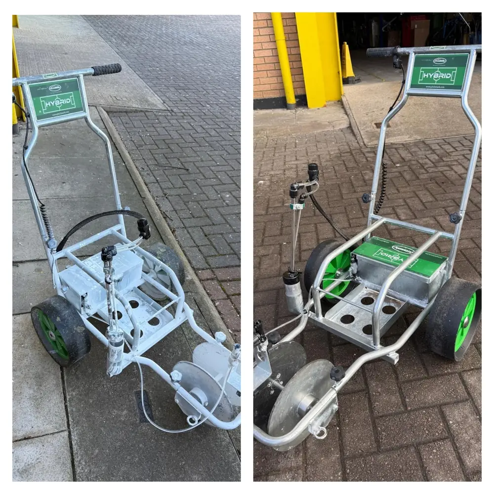 Pitchmark Hybrid line-marking machine before and after cleaning