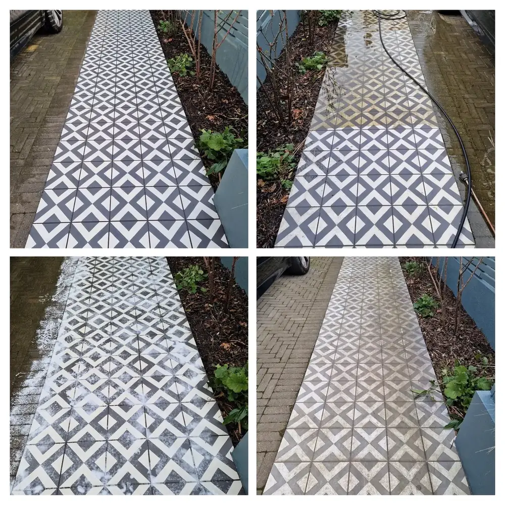 Pressure washing geometric tiled path in Queens Park, West London – before and after by URBNX