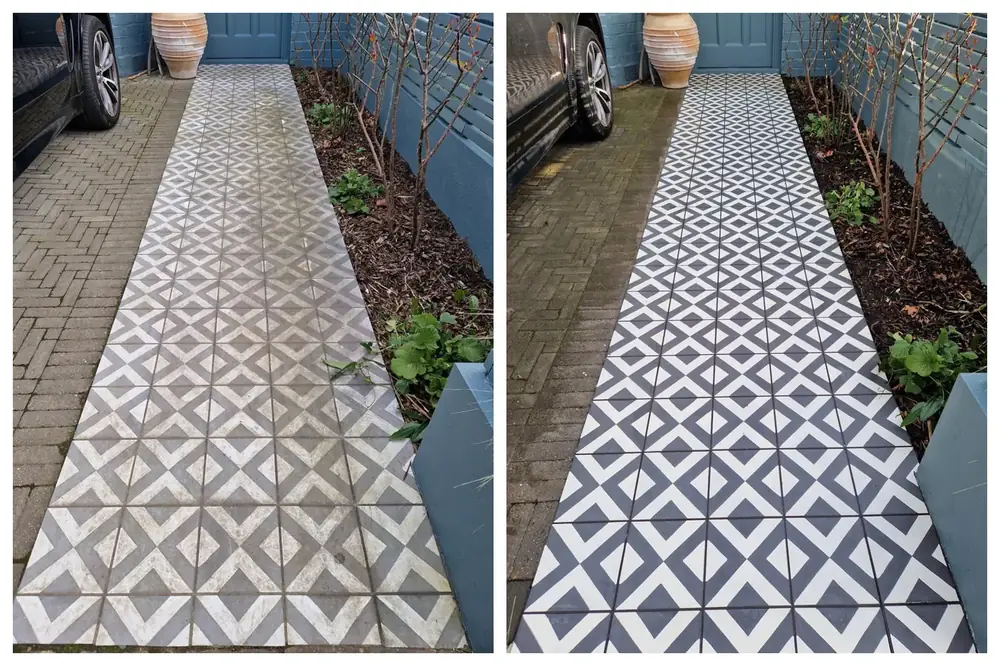 Pressure washing geometric tiled path in Queens Park, West London – after cleaning by URBNX