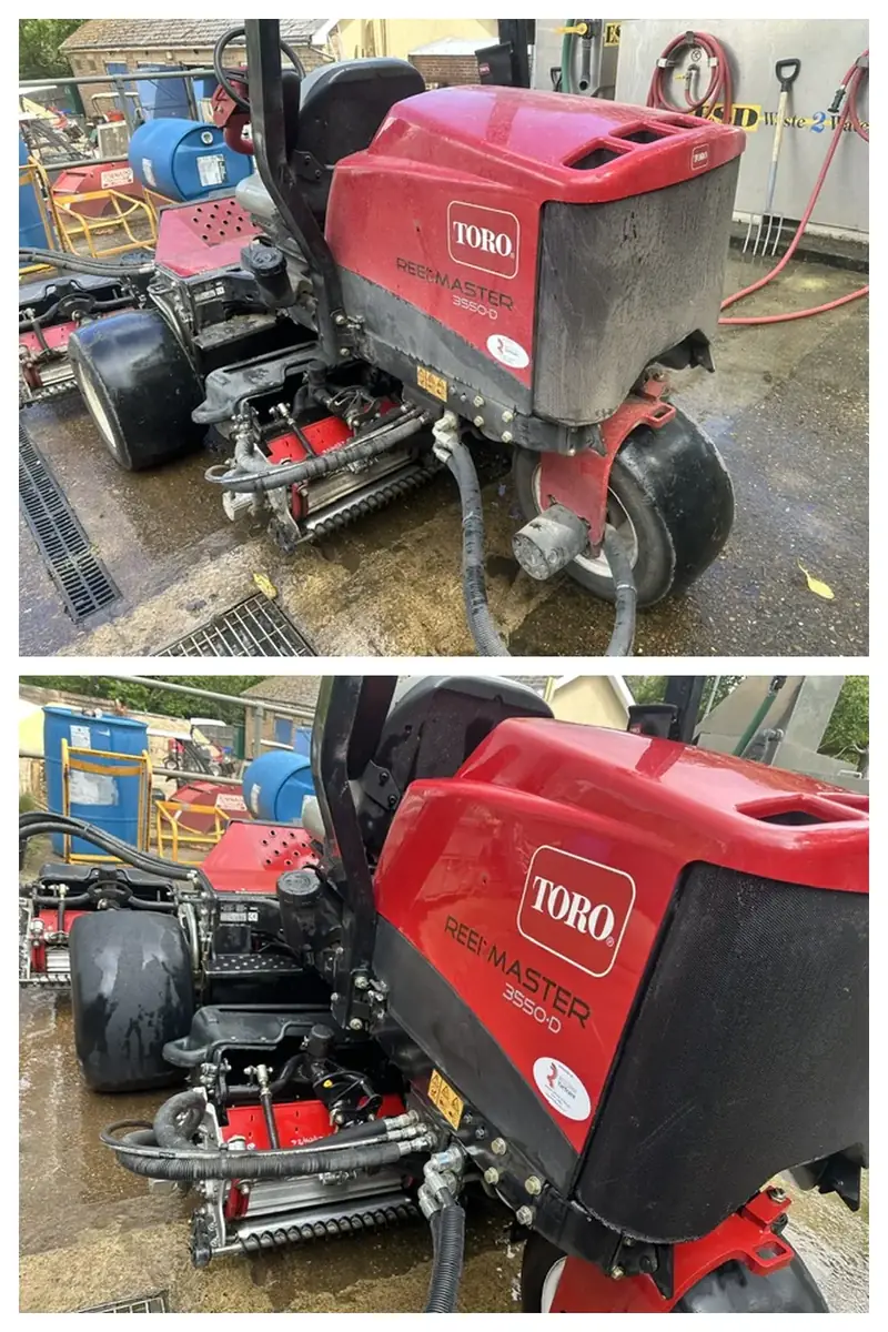 Toro Reelmaster 3550-D cylinder mower before and after Bio-Circle cleaning, side view