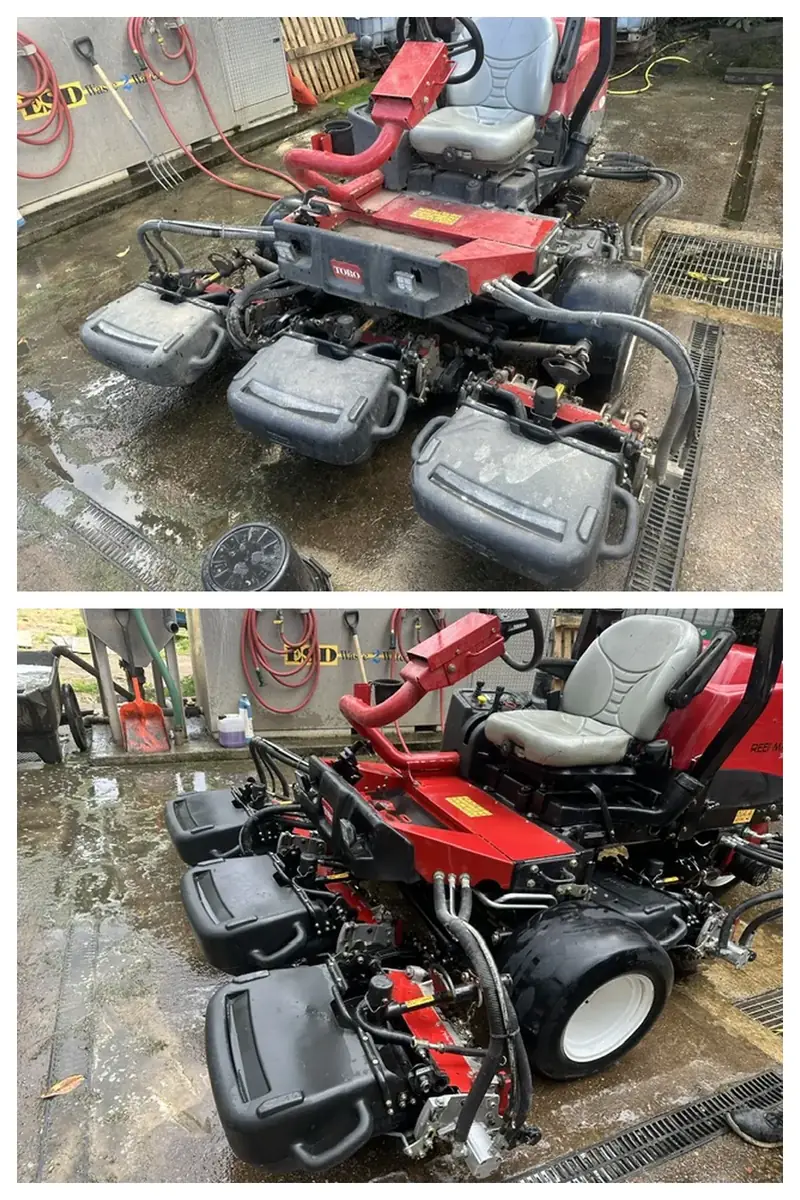 Toro Reelmaster 3550-D cylinder mower before and after Bio-Circle cleaning, front view
