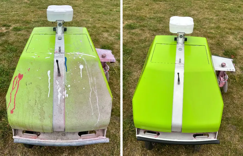 Turf Tank line-marking robot before and after cleaning with Bio-Circle CB 100