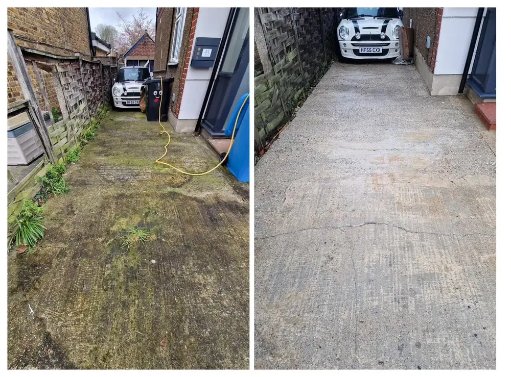 Pressure washing concrete driveway in West Drayton, West London – after cleaning by URBNX